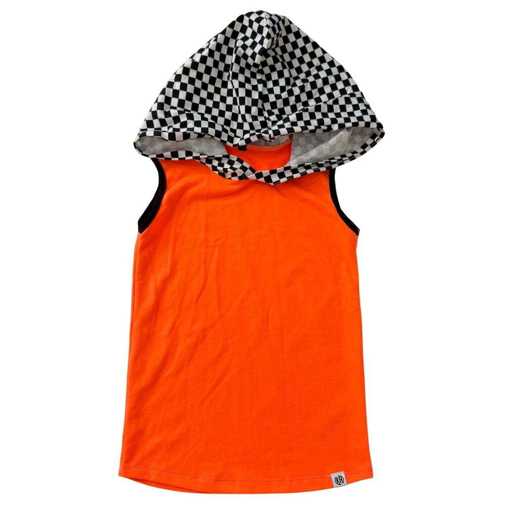 Posh Kiddos x KH Neon Orange Black & White Checkered Hooded Tank Top Size 6/7